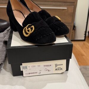 Gucci Marmont Suede Fringe Black Heels with Gold Accent